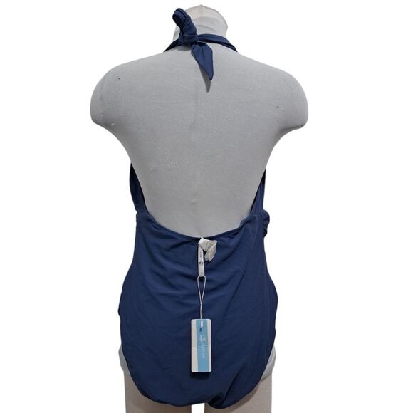 Cupshe Bianca Plunge Halter One Piece Ruched Swimsuit Dusty Blue 1x NWT - Picture 4 of 15